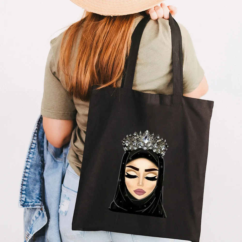 Arabic Woman Crown Hijab Face Muslim Islamic Eyes Covers Canvas Shoulder Harajuku Handbags Totes Eco Shopper Black Shopping Bags