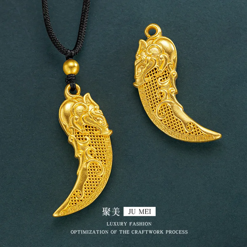 

Ancient method 9999 hollow wolf teeth pendant 3D hard gold blessing pendant 24K real gold fortune bead black rope necklace