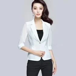 Sommer Dünne Weiße Blazer Frauen Siebte Hülse Mesh Schwarz Anzug Jacke Dünne Koreanische Mode Tops Büro Damen Luxus Mäntel