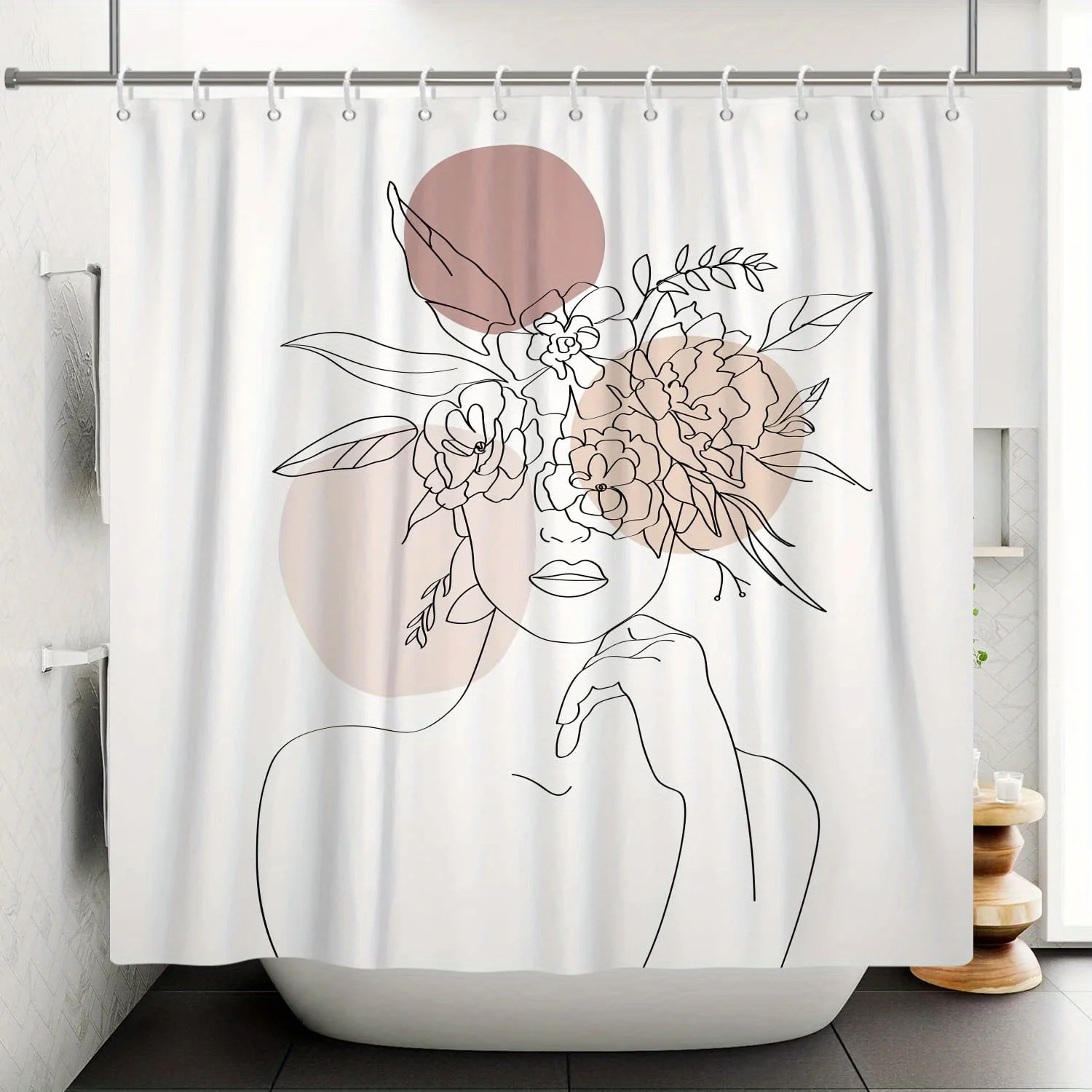 Abstract Line Art Shower Curtain Woman with Floral Crown Beige Circles Design Waterproof Bath Curtain Modern Boho Decor