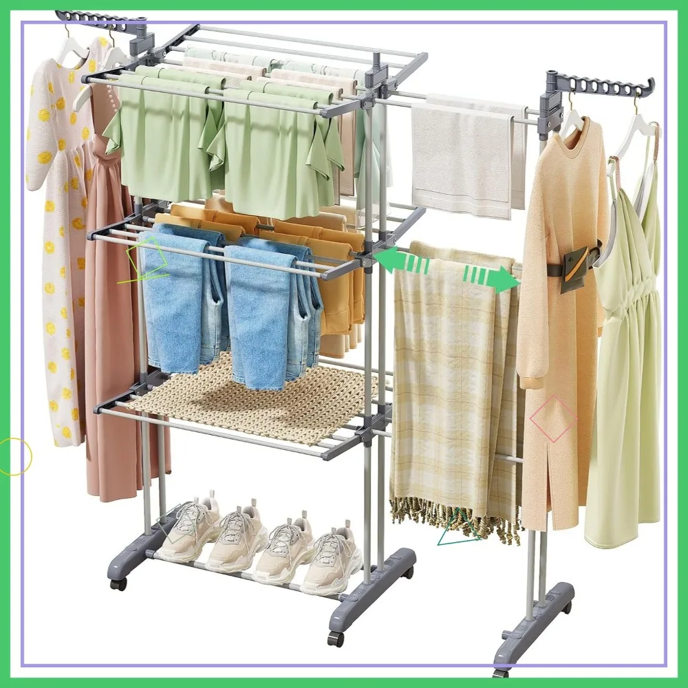 

Foldable Extendable 4-Tier Stainless Steel Clothes Drying Rack with Wheels for Indoor Outdoor Use