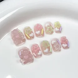 10Pcs Pink Handmade Press On Nails Full Cover Bear Heart Design Short Round Rhinestone False Nails Wearable Manicure Nail Tips