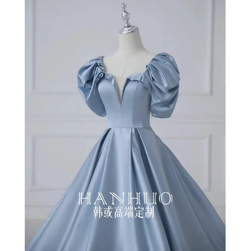 Blue new light luxury niche satin Quinceanera birthday host dress