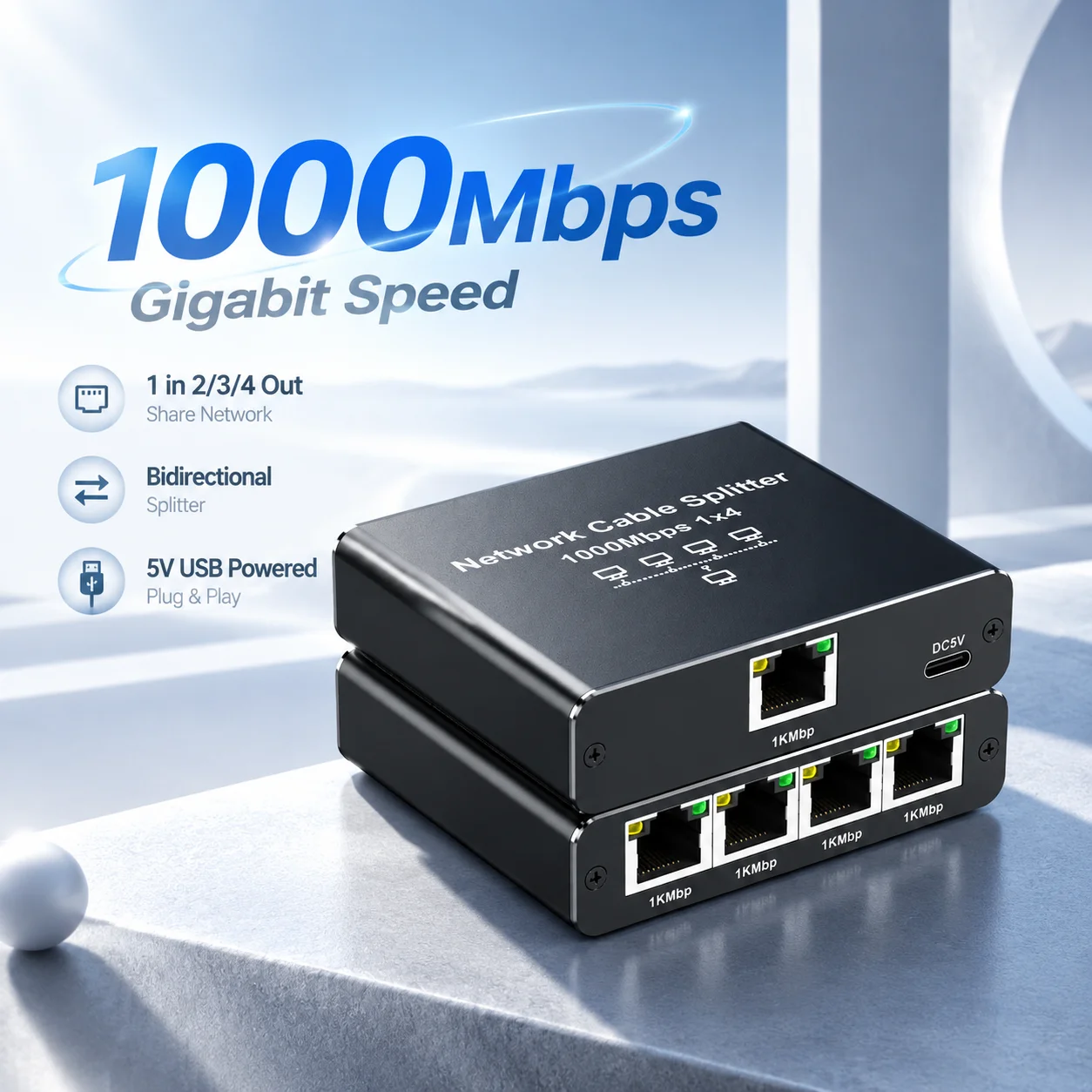 1000Mbps Ethernet Splitter 1 in 2 3 4 Out Gigabit RJ45 Network Adapter with USB Cable Bidirectional LAN Splitter for PC Router