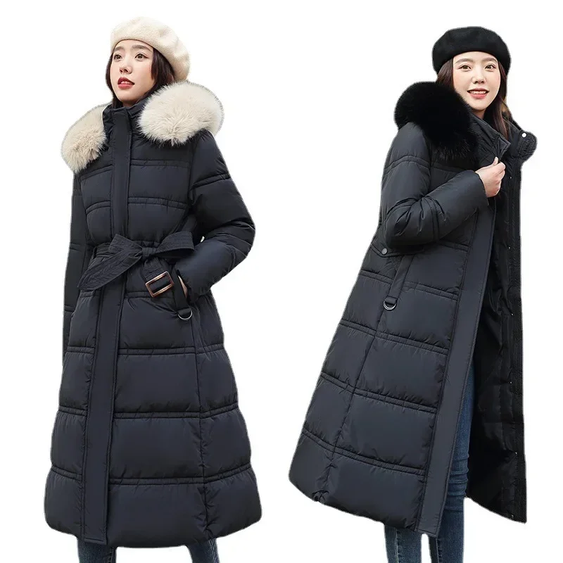 2022 Winter New Down Cotton Parkas Jacket Women's X-Long Faux Fur Collar Padded Jacket Thick Loose Large Size Padded Jacket