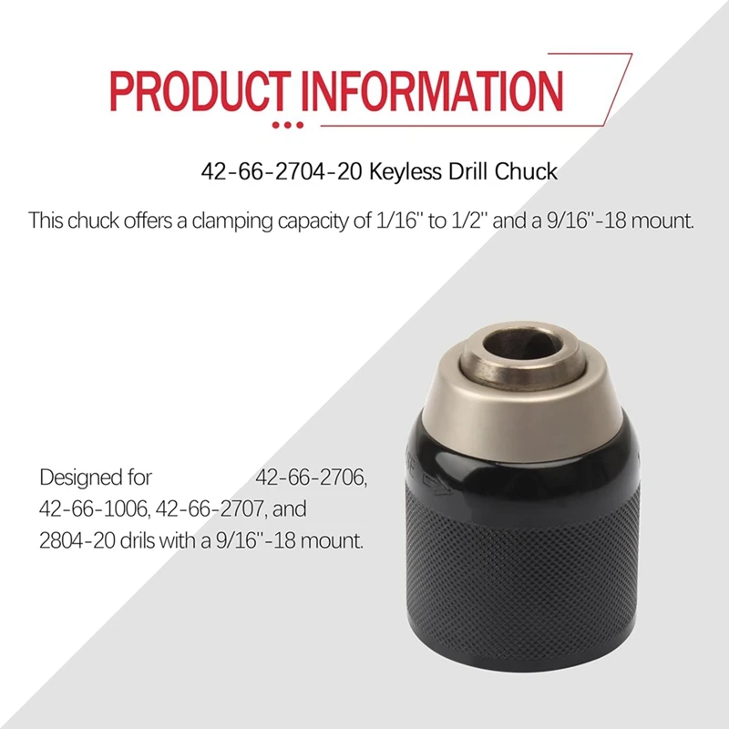 A23T Keyless Drill Chuck 42-66-2704-20 Replacement for 1/16-1/2 Inch Clamping Capacity 9/16-18 Mount