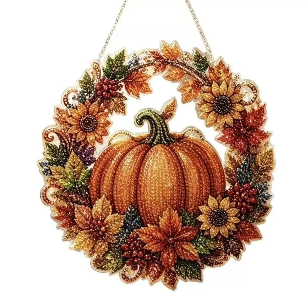 Acrylic Halloween Diamond Painting Kit Black Cat Round Ghost Sun Catcher with Hanging Chain Sparkling Autumn Wreath Ornament