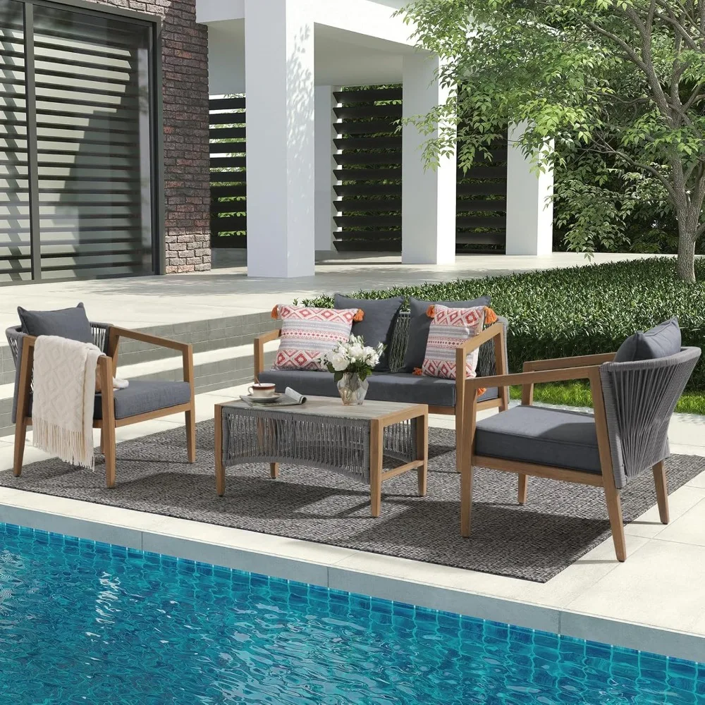 with Wood Grain Finish, Rope Patio Sofa Set Aluminum Outdoor Patio Furniture Set, 4 Pieces Patio Conversation Sets