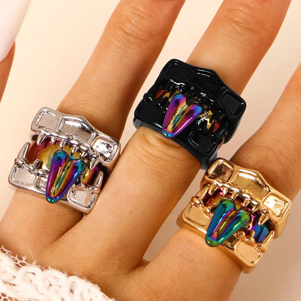 3Pcs Gothic Vampire Fangs Rainbow Tongue Ring Set for Women Men Adjustable Punk Y2K Hip Hop Stackable Rings Halloween Jewelry