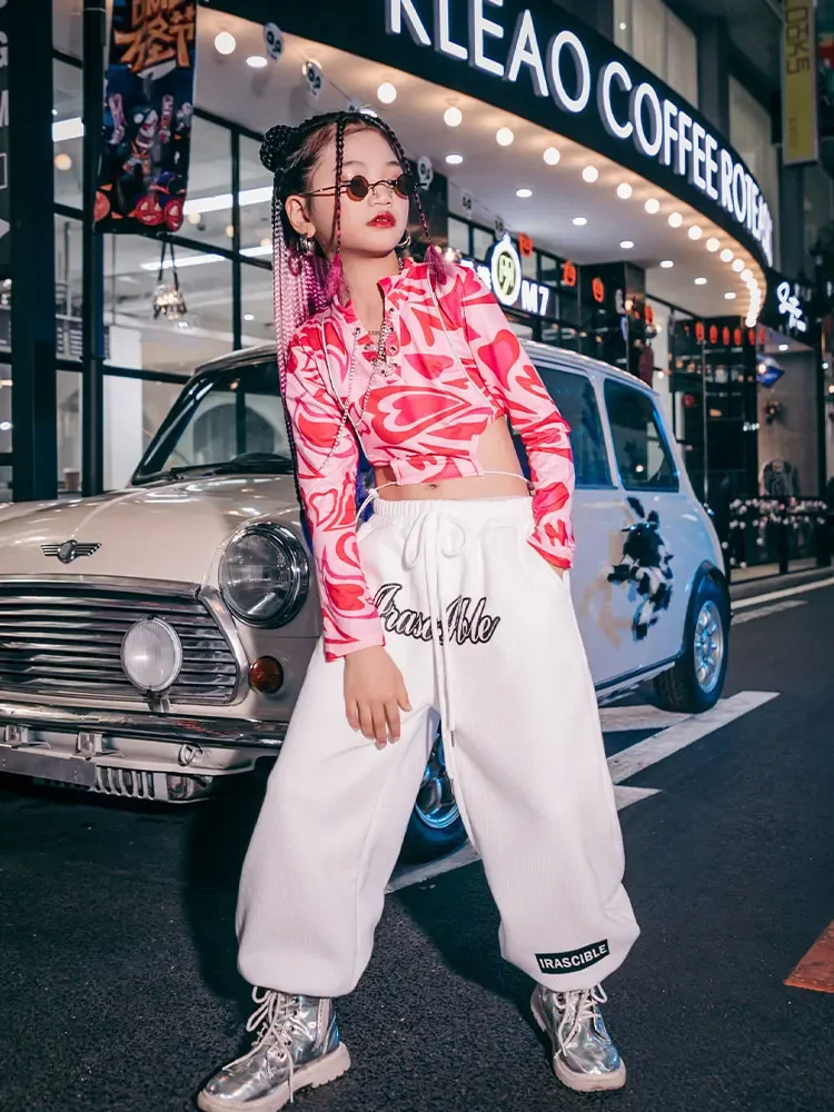 

Urban Dance Girl Clothes Teen Costumes Hip-hop Street Dance Tracksuit Cool Clothes for Children Hollow Dace K-pop Pink White