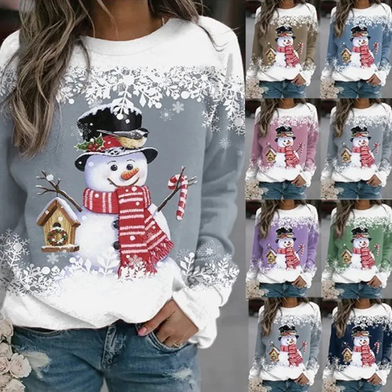 Christmas Snowman Print T Shirt Women Casual Loose O Neck Long Sleeve Christmas Festival Pullover Tees Tops Female Foreign Style