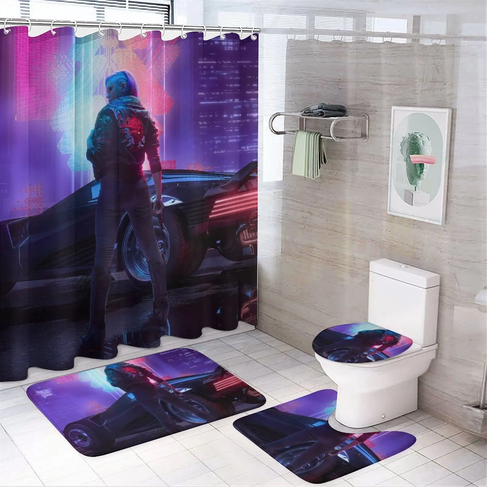 

Set of 4 Printed Shower Curtain Decoration Bathroom Waterproof Cover Screen Cushion Toilet Cover