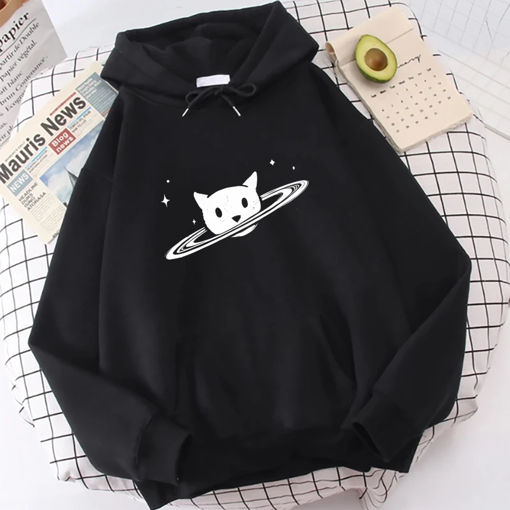 Gato planeta gráfico hoodie diversão cósmica animal de estimação impressão casual solto manga comprida único brincalhão elegante bonito adorável vestuário casual topo