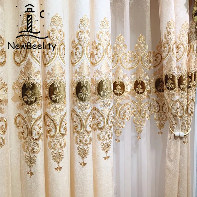 European-style Curtains for Living Dining Room Bedroom Light Luxury Champagne Chenille Gold  Embroidered Curtains Window valance