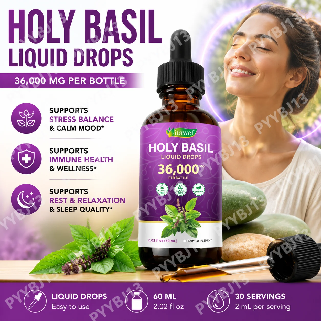 Itawel Holy Basil Liquid Drops, 1200mg Per‑Serving 60mL 30‑Servings Sugar & Alcohol‑Free Tincture, Ease Stress, Calm Mood Boost