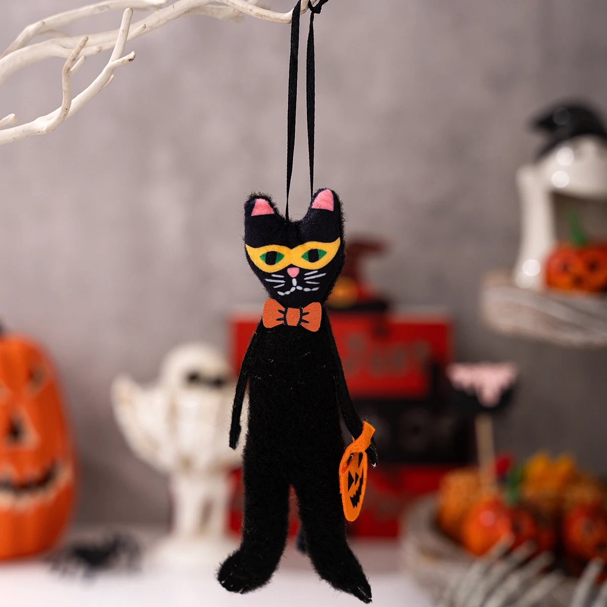 Halloween-Hängedekoration – gruselige schwarze Katze, Kürbis, Geister-Schädel-Ornament für die Heimparty – Detail 8