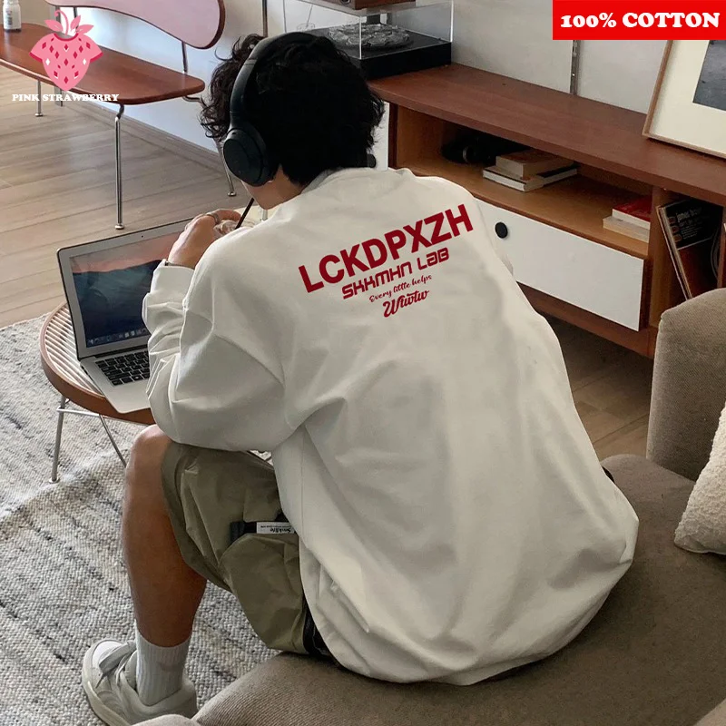 

2025 Autumn New Letter Print T-shirt Men's 100% Cotton White O-Neck Long sleeves Loose Casual T-shirt Black Y2k Top Men clothing