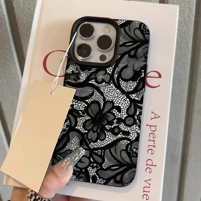 Black Lace Pattern Phone Case For iPhone 17 16 15 14 13 12 11 Pro Plus Max 17 Air X XR XS Shockproof Soft Silicone Back Cover - náhled 4