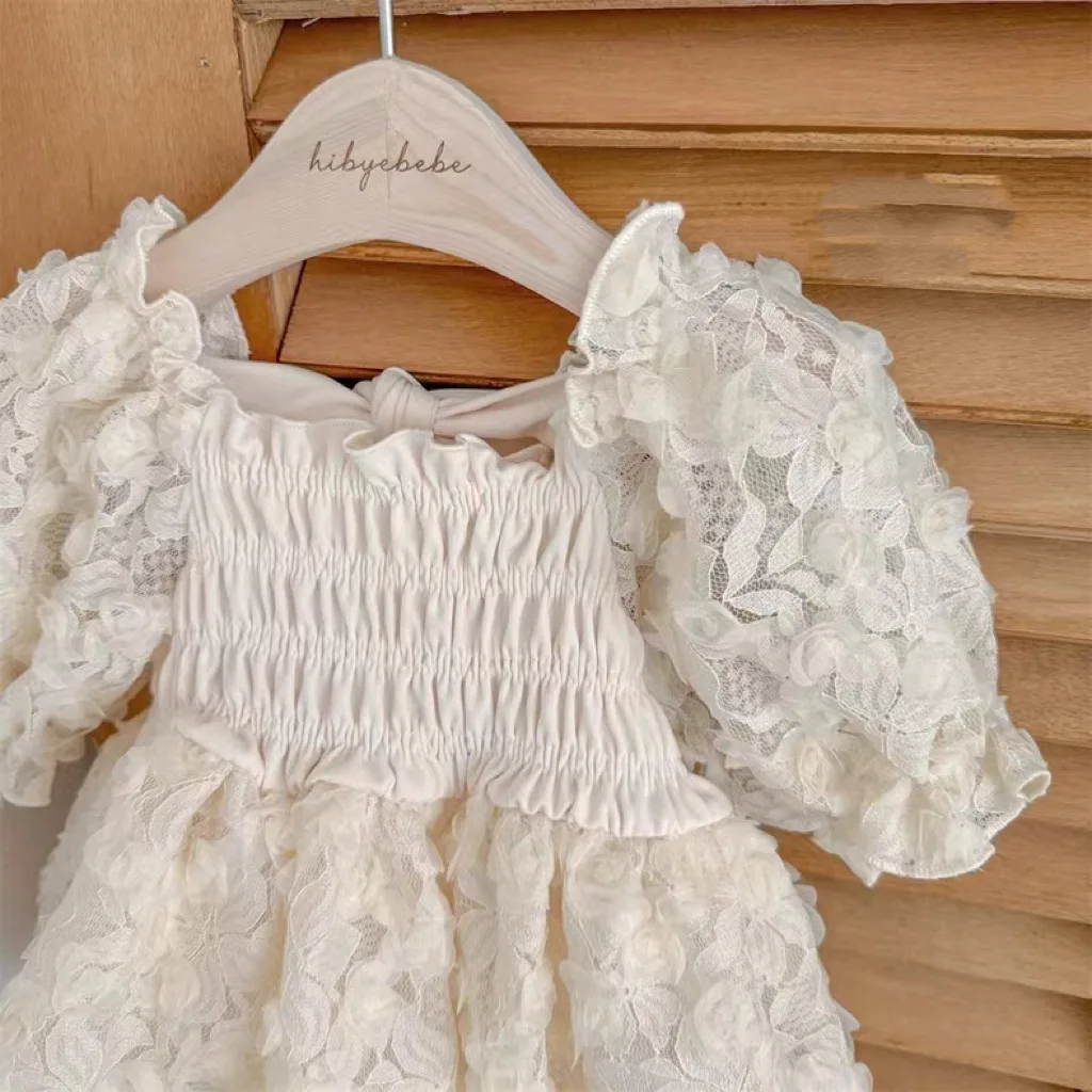 Baby Clothes Korean Style Rose Lace Bubble Sleeve Dress 2024 Summer Girl Baby Sweet Lovely Solid Color Soft Comfortable Dress