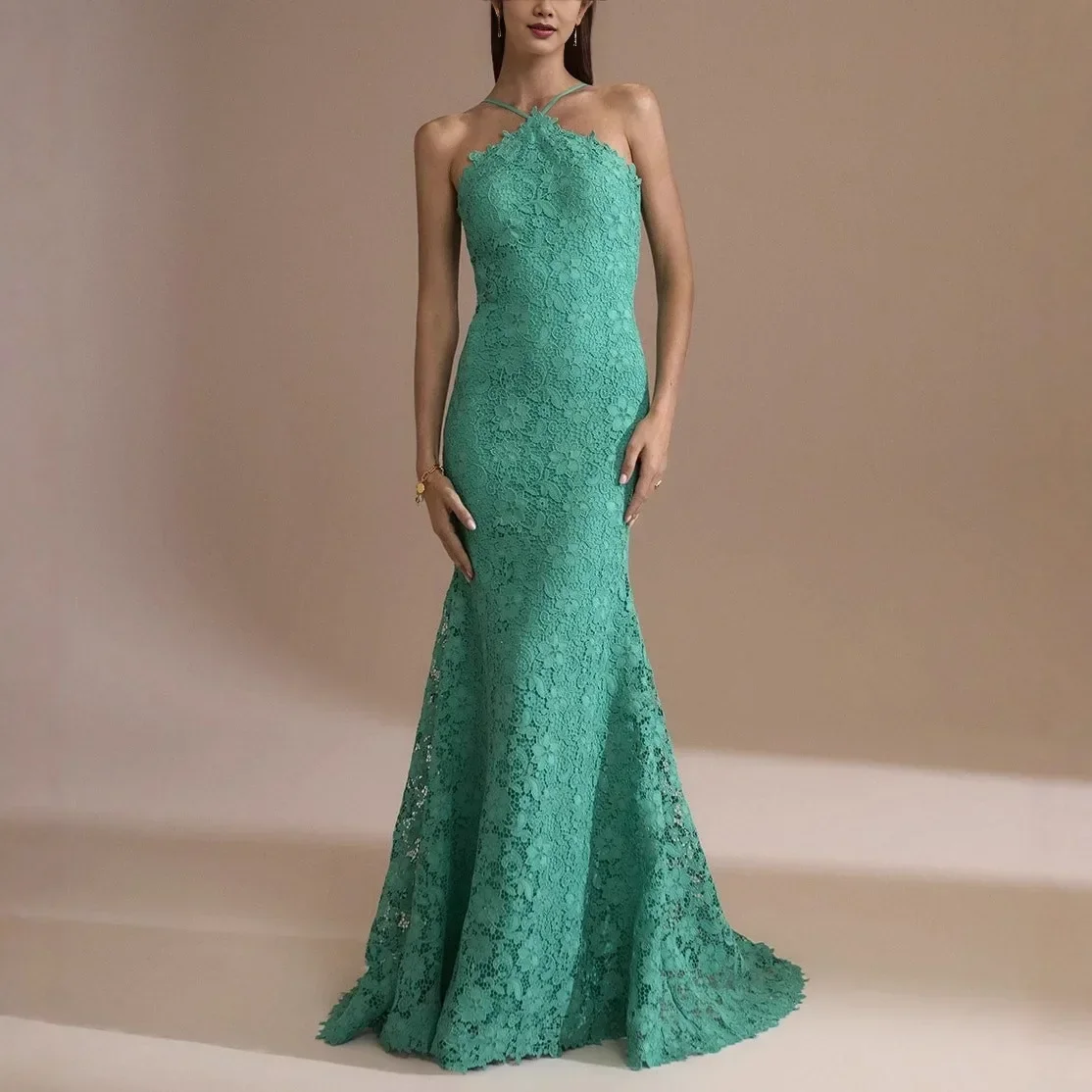 

Women Light Blue Lace Halter Gown Sleeveless Floor-length Intricate Mermaid Train Maxi Dress 2026 Lady Trendy Party Vestidos New