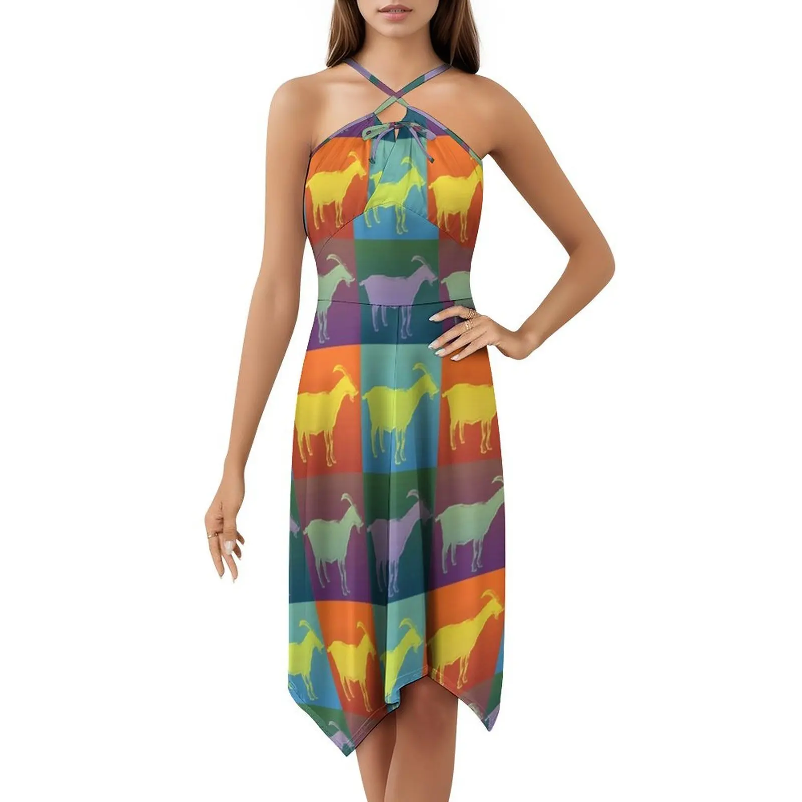 فستان الماعز الملون على الطراز الكوري للنساء فستان كاجوال أنيق للحفلات أو الارتداء اليومي الماعز الماعز الملون الملون