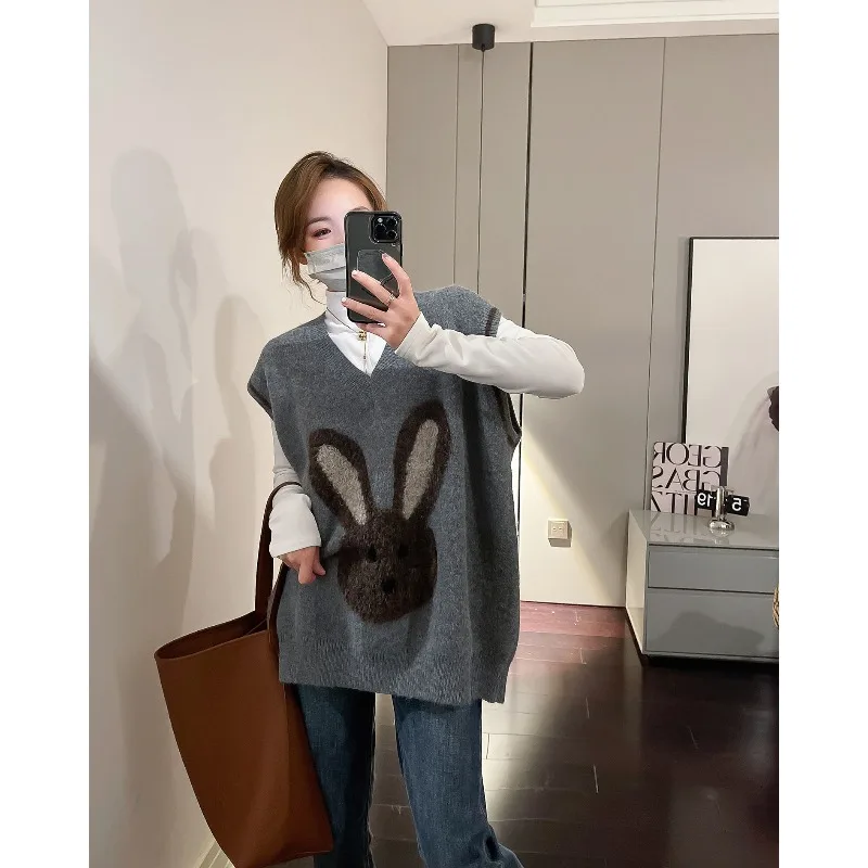 Women\'s Autumn Winter V-neck Knitted Animal Sweater Vest Fashion Rabbit Casual Versatile Pullover Fashion Elegant Print Lady Top