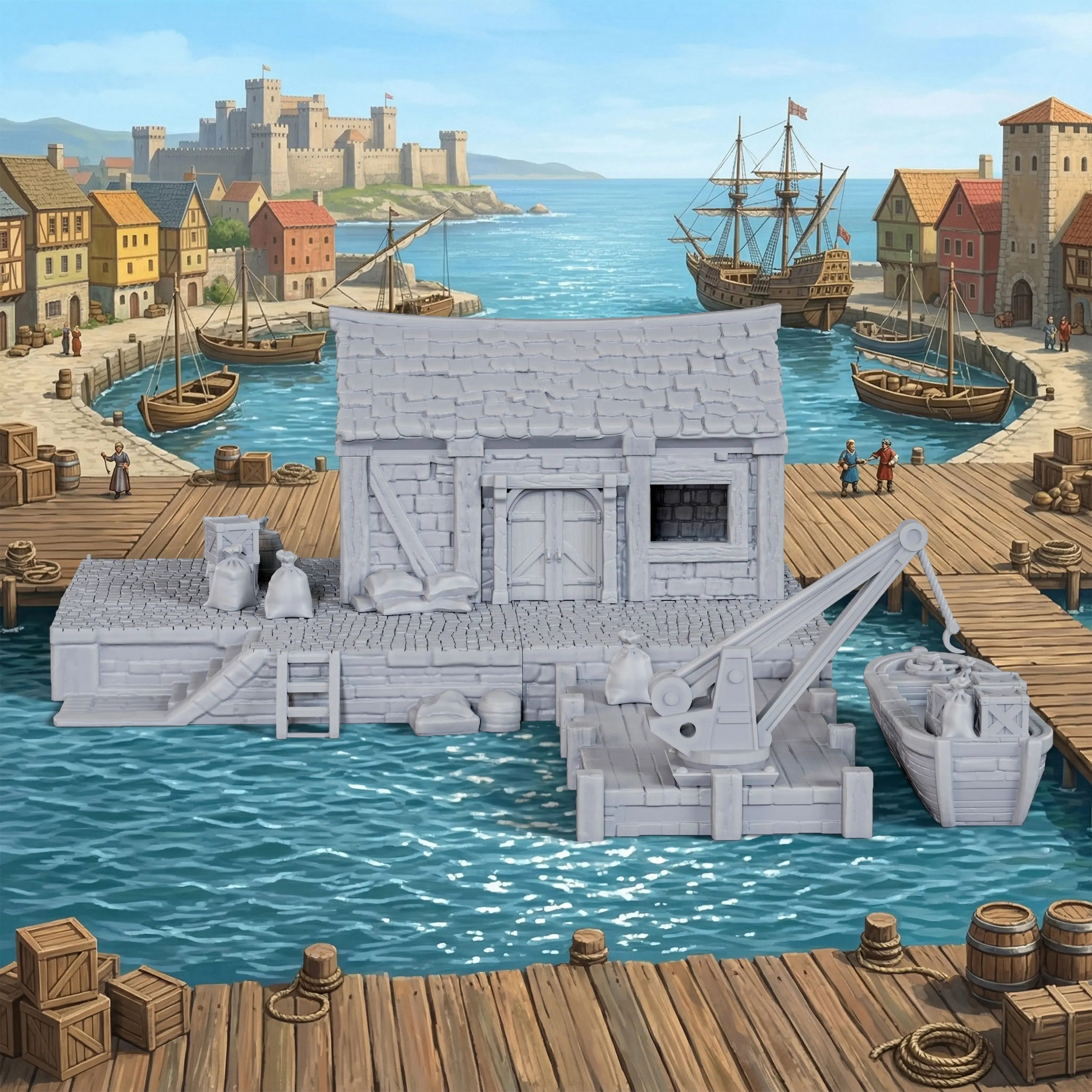 Medieval Harbor Miniature Terrain Set 25mm 1:64 Scale, Coastal Dock House with Crane Boat Platform, Durable High Toughness Model