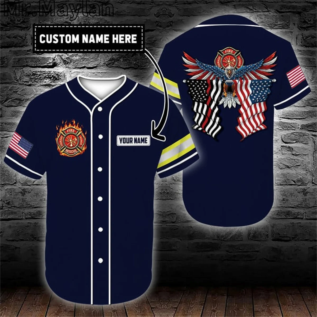 Custom Name Firefighter Eagle Flag Blue Baseball Tee Jersey Shirt 3D Printed Firefighting Men's Shirt Casual Shirts hip hop Tops