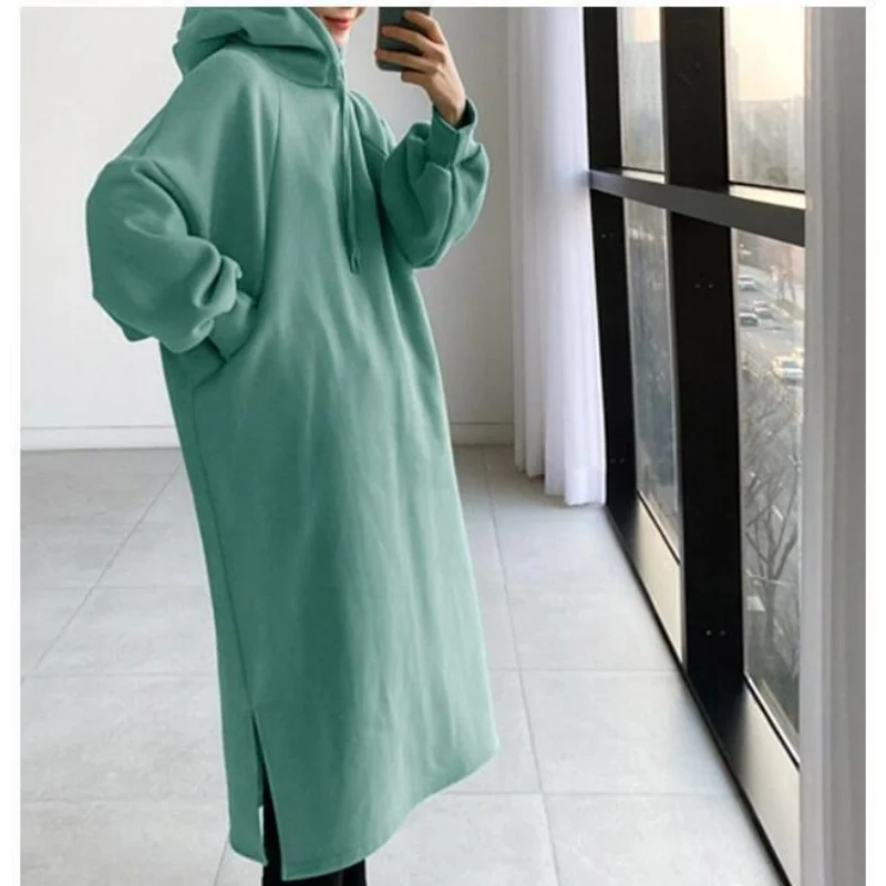 Thicken Autumn Winter Women Oversized Hoodie Long Dress Solid Fashion Long Sleeve Female Clothing Split Casual Loose New Dresses