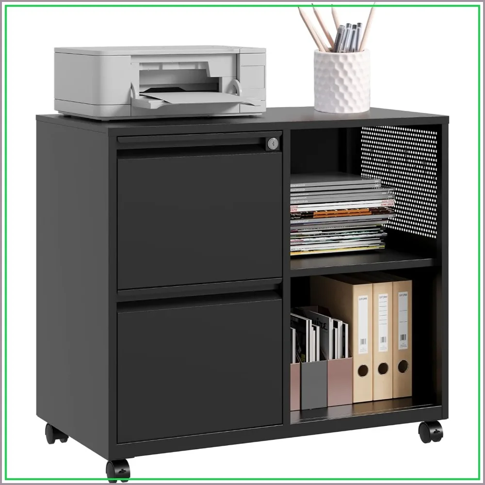 2 drawer metal file cabinet with lock and shelf, mobile lateral, fits legal/letter/A4 home office