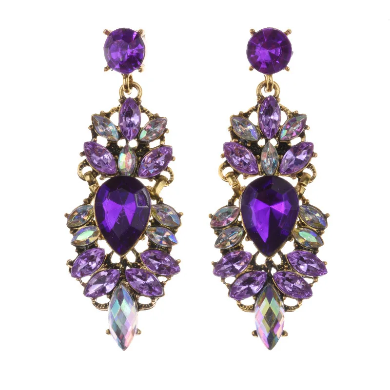 Vintage Jewelry Wholesale Wedding Bridal Statement Accessories Long Purple Crystal Rhinestone Dangle Drop Earrings for Women