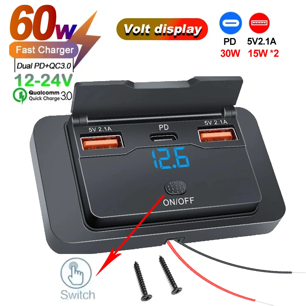 Autolader stopcontactadapter met schakelaar 2/4 poorten 12V 24V PD QC3.0 oplaadsplitter voor bus camper ATV vrachtwagen boot