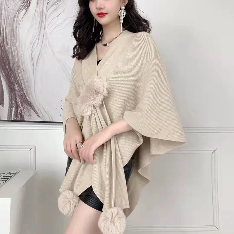 2024 New Autumn Women irregular Knitted Sweater Shawl With Faux Fur Pom pom Cashmere Sweater Cape Female Winter Pashmina Wraps