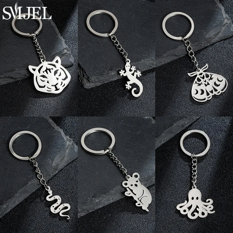 SMJEL Handmade Animal Stainless Steel Keychain Vintage Snake Koala Lion Tiger Pendants Keyring Car Key Charm Ornament Accessory
