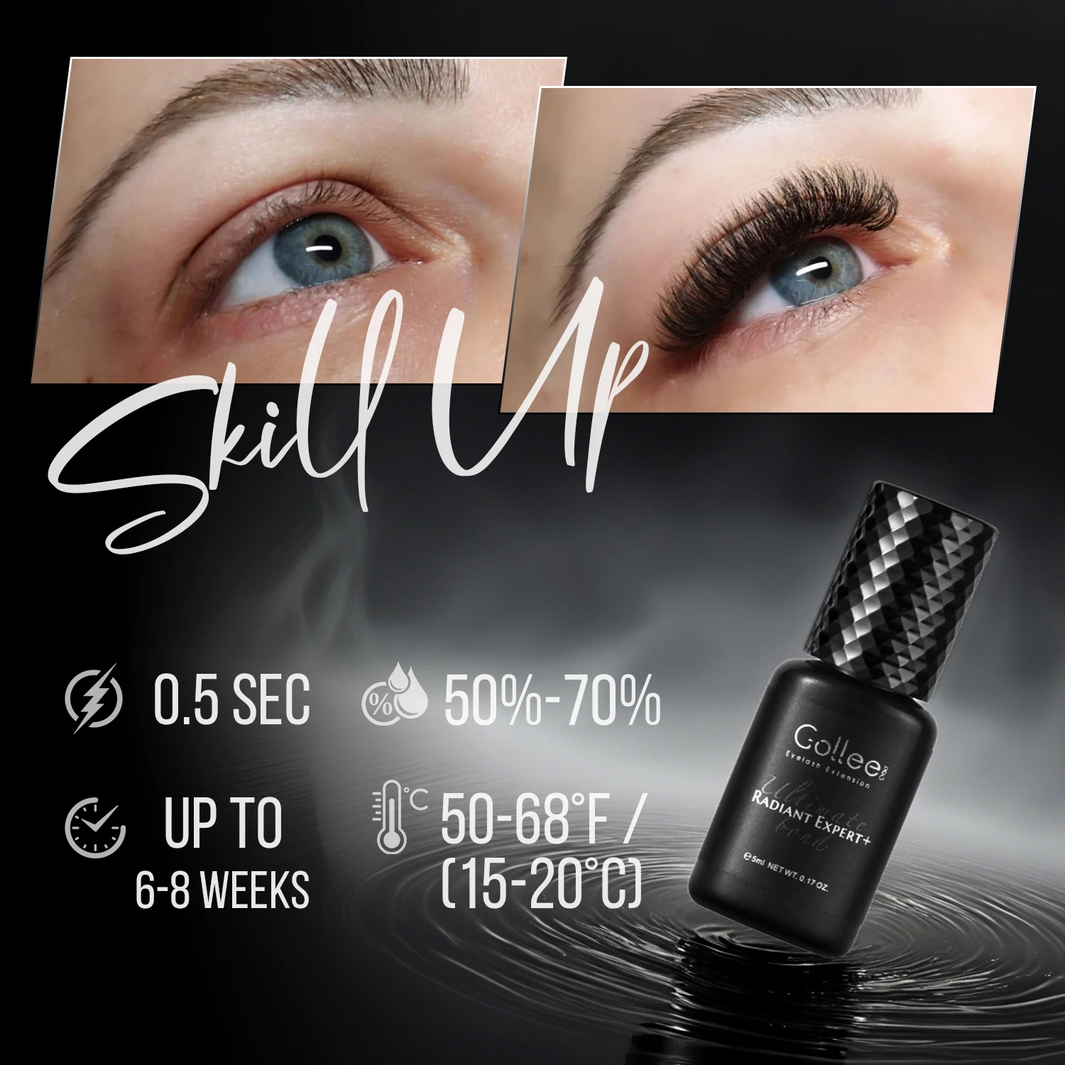 

0.5 Sec Fast Drying Gollee High Quality Eyelash Extension Glue 8 Week Retention Waterproof Black Adhesive for Semi-Permanent