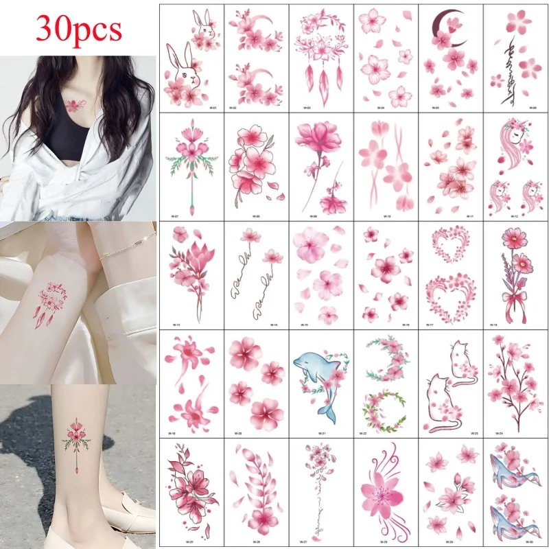 30pcs/pack Girls Waterproof Tattoo Cottage Core Pink Cherry Blossom Cat Garland Dreamcatcher Dolphin Transfer Tattoo Neck Back