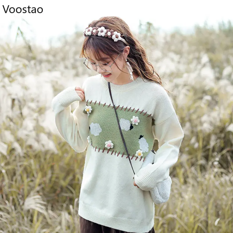 Spring Autumn Sweet Women Kawaii O-Neck Cartoon Sheep Flower Jacquard Sweater Girly Harajuku Cute Loose Knitted Pullover Tops