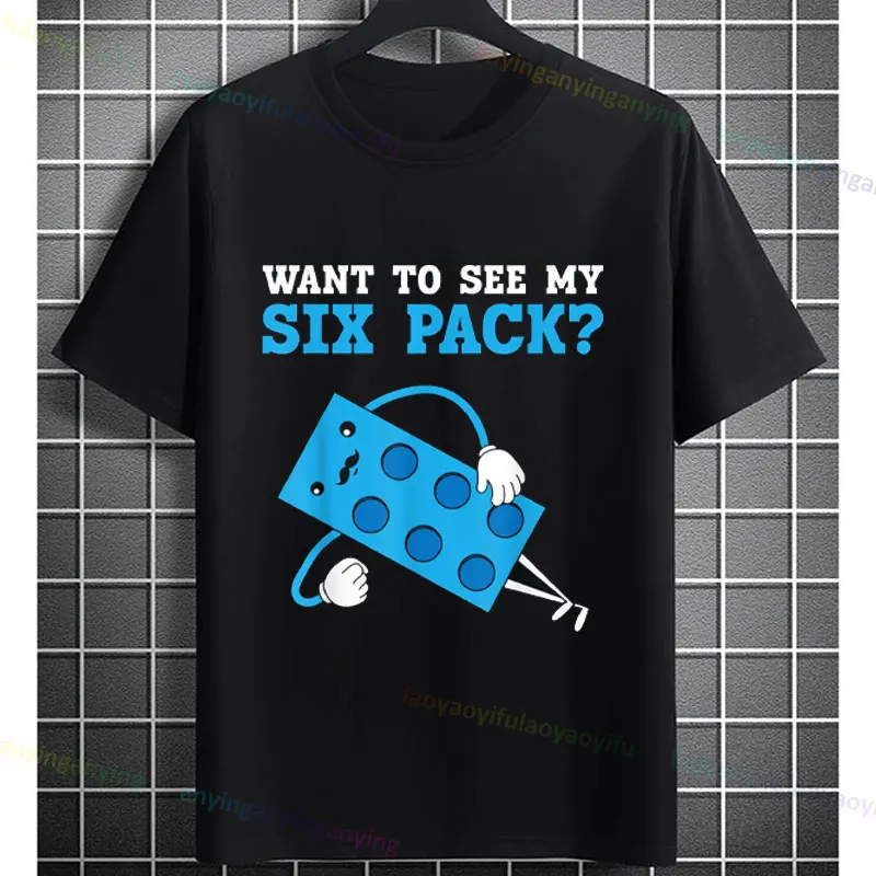 Camiseta gráfica divertida para gimnasio de seis paquetes para hombre, camiseta de algodón puro de manga corta con estampado de dibujos animados para todas las estaciones