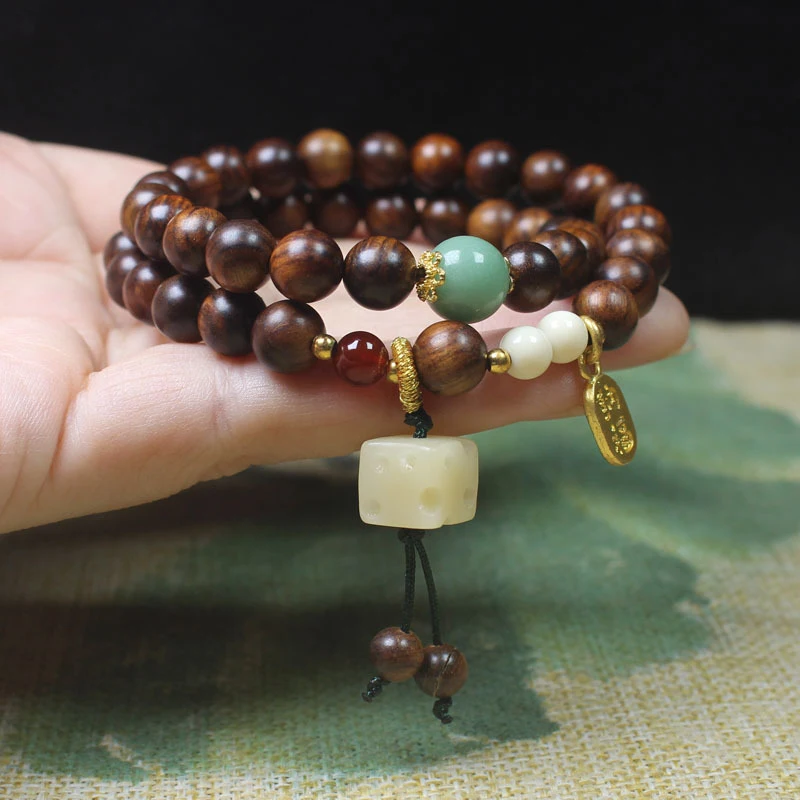 

Black rosewood 8mm double-loop bracelet with cheese pendant, vintage style unisex Buddhist prayer beads, couple's jewelry