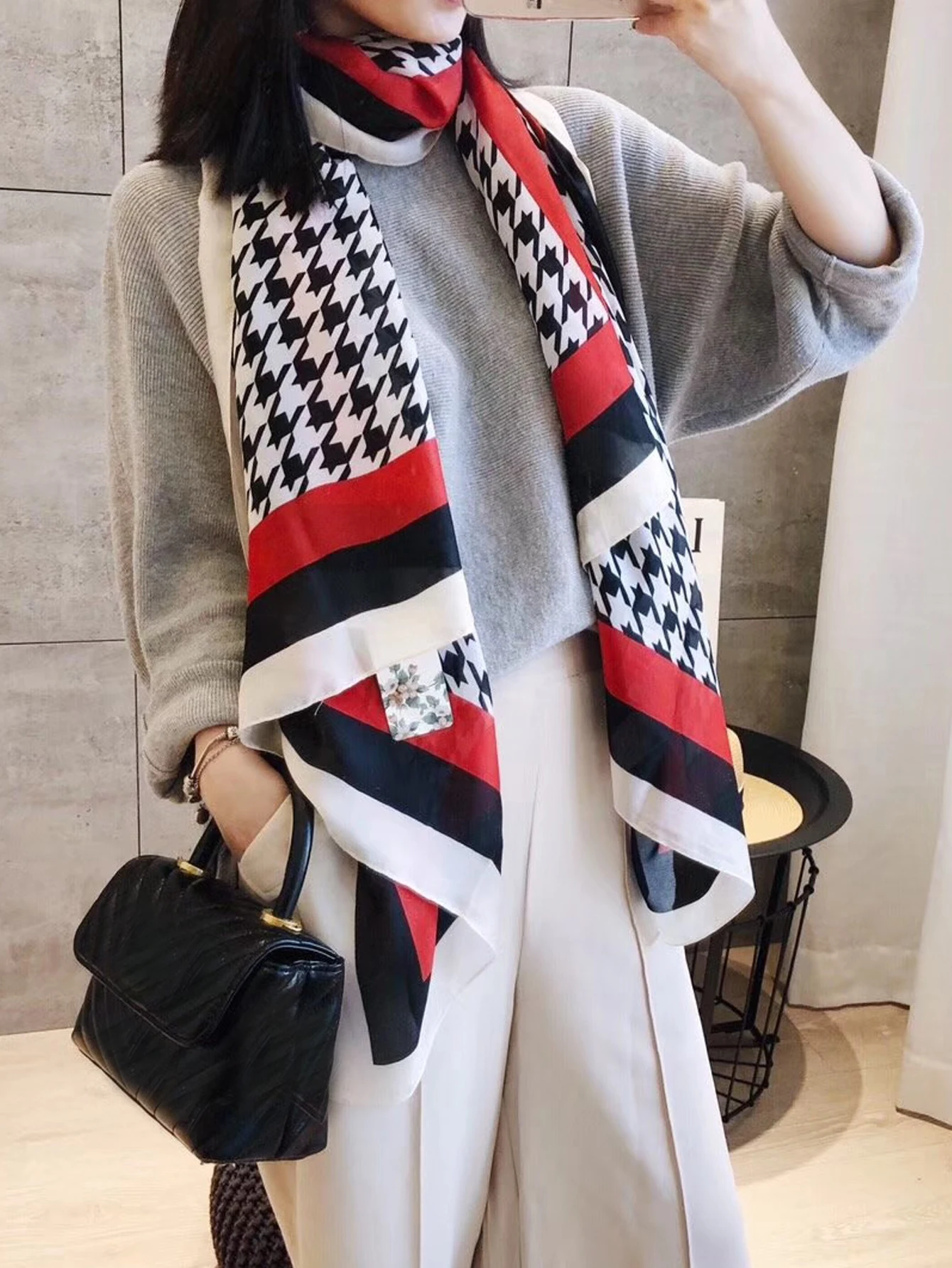 Fashion Scarf Women\'s Luxury Design Scarf Silk Smooth Scarf Ladies Houndstooth Pattern Soft Headband Shawl Beach 90x180cm