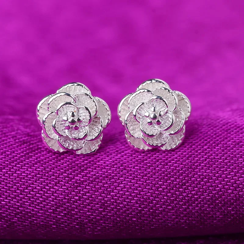 Hot 925 Sterling Silver Pretty rose Flower stud Earrings for Women Fashion classic party wedding Jewelry Holiday gifts