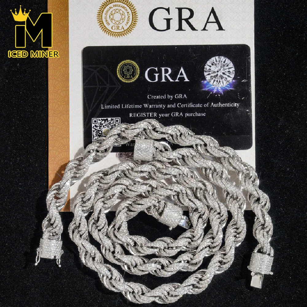 

Icedminer 10mm VVS Moissanite Diamonds Rope Chain Iced Out Necklace For Men Women S925 Silver Choker Pass Tester Hip Hop Jewelry