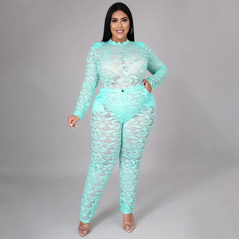

KEXU Sexy Sheer Lace Plus Size Women Sets Ladies Long Sleeve Bodysuit and Legging Pants Suit Club Party Two 2 Piece Set Outfit