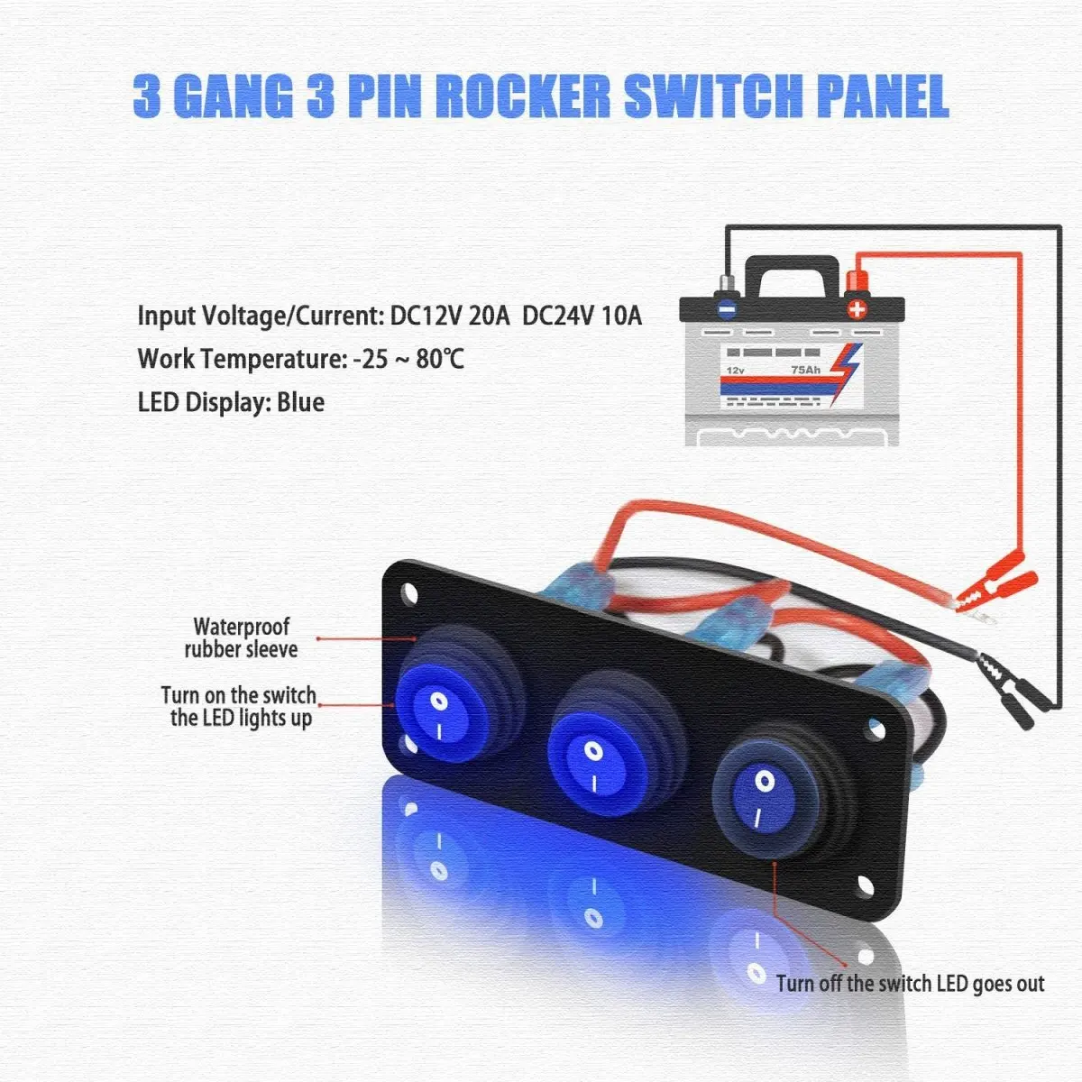 Fully waterproof cat eye for cars, ships and RVs with LED light switch panel, 12V, 3-position button electronic switch