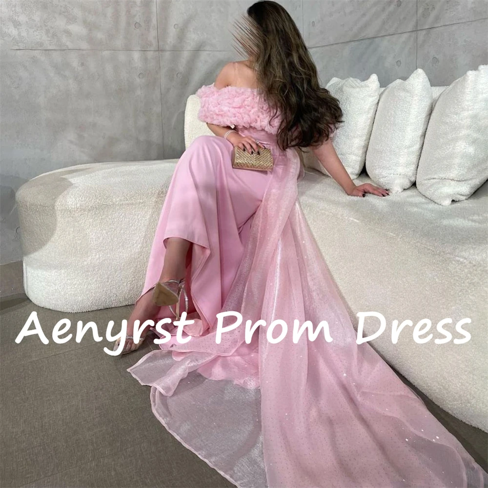 Aenyrst-vestido de noche de satén con hombros descubiertos para mujer, traje Formal de sirena con volantes, cuello Barco, longitud hasta el tobillo, color rosa