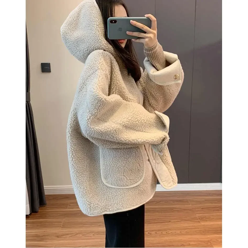 

Small Size Top Autumn Winter New Style Fleece Lined Sheepskin JaHot Sale Of The Season Fashionable Hooded Casual Lapel Cardigan