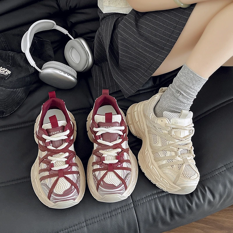 Netto Gezicht Papa Schoenen Voor Vrouwen 2024 Nieuwe Retro Dunne Mesh Ademende Veelzijdige Dikke Zool Hoogte Toenemende Casual Sportschoenen