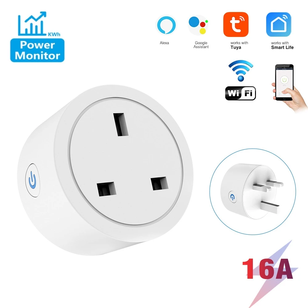 

Tuya Wifi 16A UK Smart Plug Mini Smart Socket App Wireless Control With Power Monitering Timing Works with Google Home Alexa