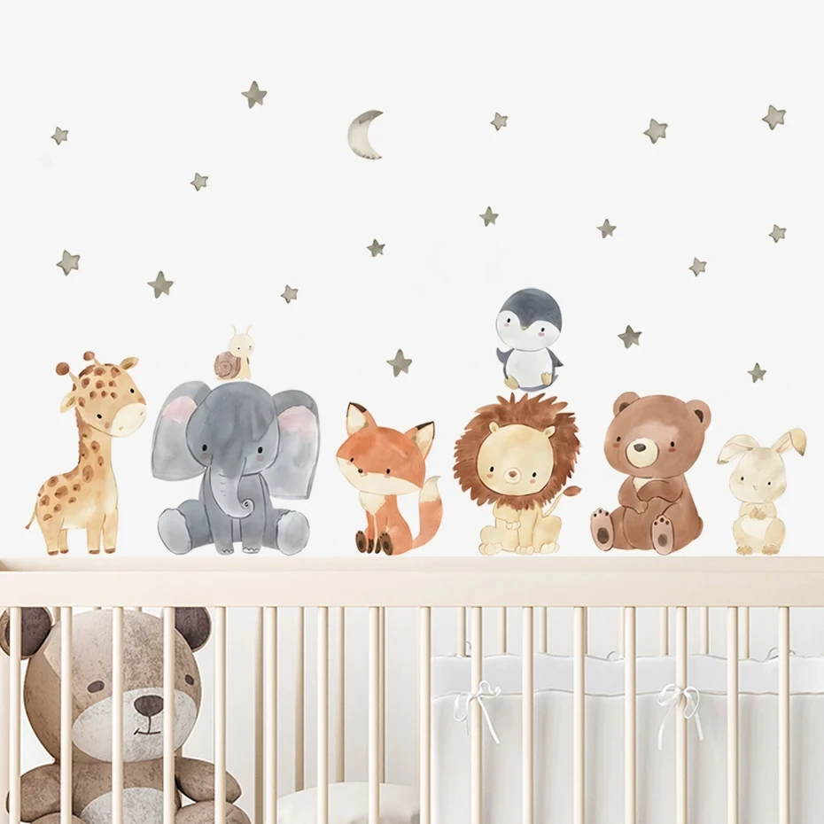 Watercolor Cartoon Cute Africa Animals Wall Stickers Elephant Giraffe Bear Fox Kids Room Wall Decals Decorative Sticker