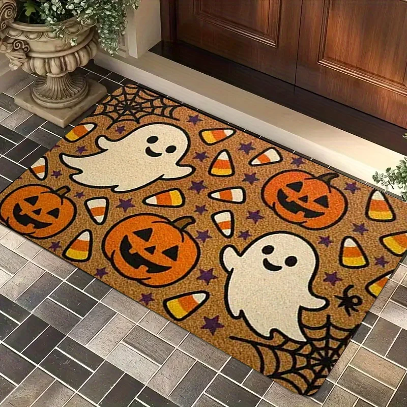Lovely Halloween Ghost Pumpkin Candy Corn Spider Web Flannel Doormat Anti Slip Absorbent Front Door Mat Home Entrance Decor